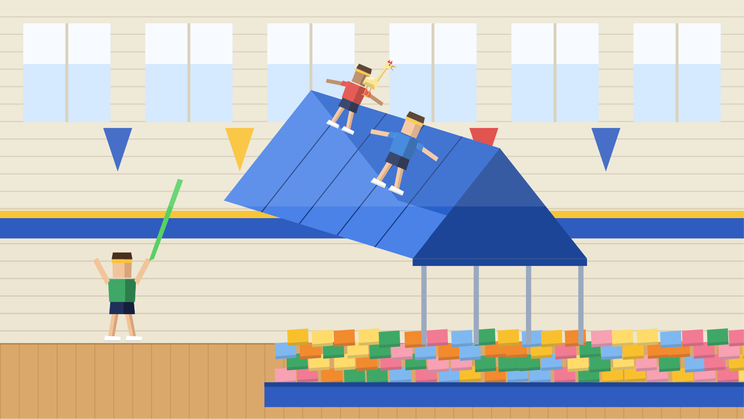 Kids in gym clothes surfing a blue mat ramp over a foam pit